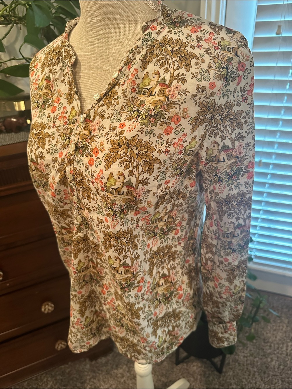 Talbots Cream Button-Front Floral Blouse with Olive and Pink Accents